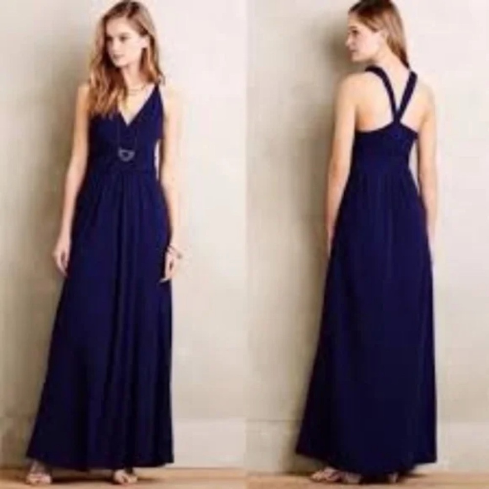 Anthropologie Maeve Jewel Blue Twisted Straps Stretchy Pockets Maxi Chic Dress 6